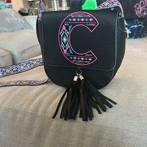 Black Embroidered Crossbody Bag with Tassels